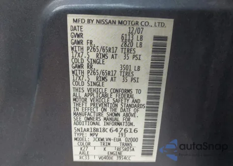 2008 Nissan Pathfinder Le from USA, damaged, VIN 5N1AR18B18C647616